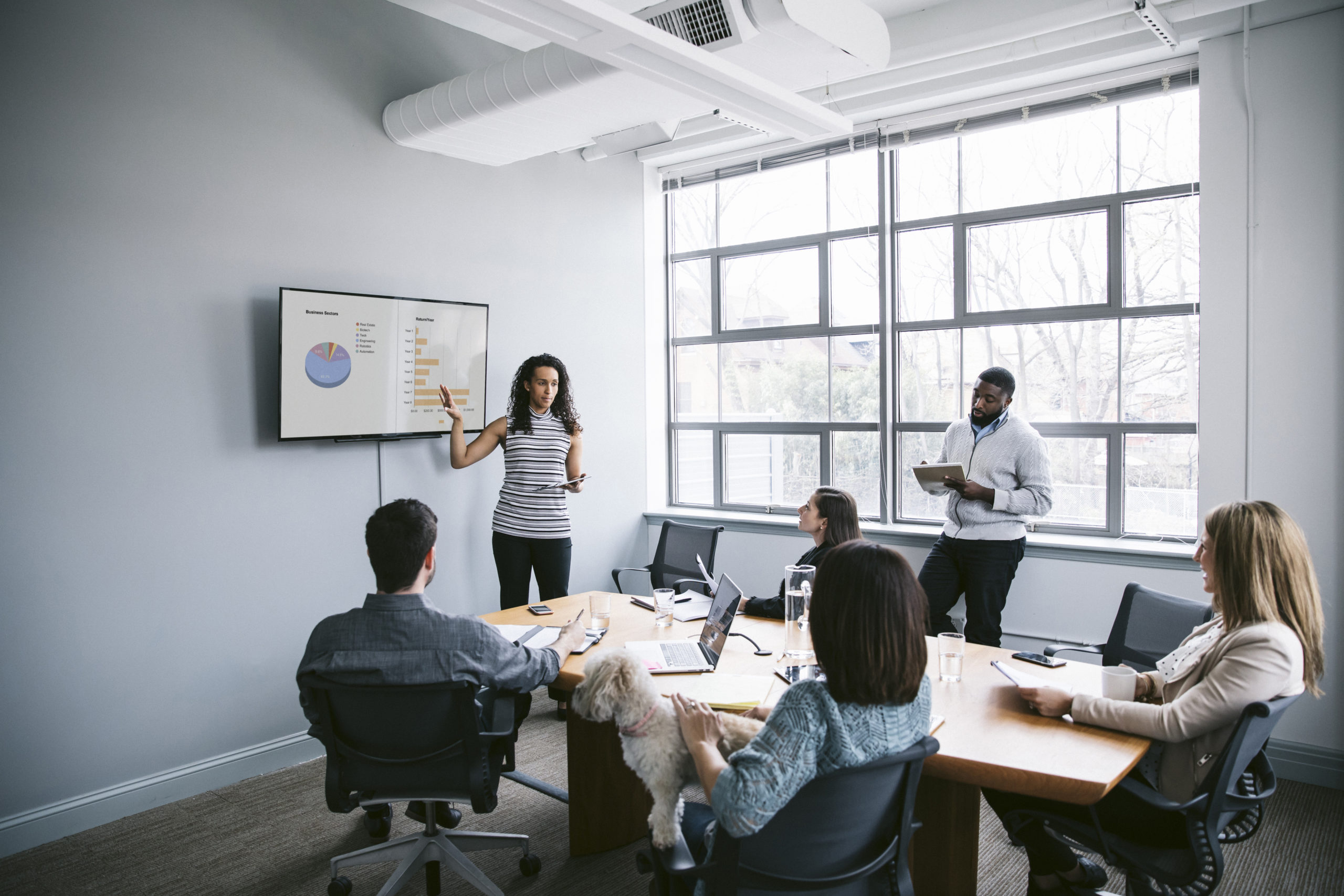 Businesswoman explaining HRIS data to colleagues in meeting at board room