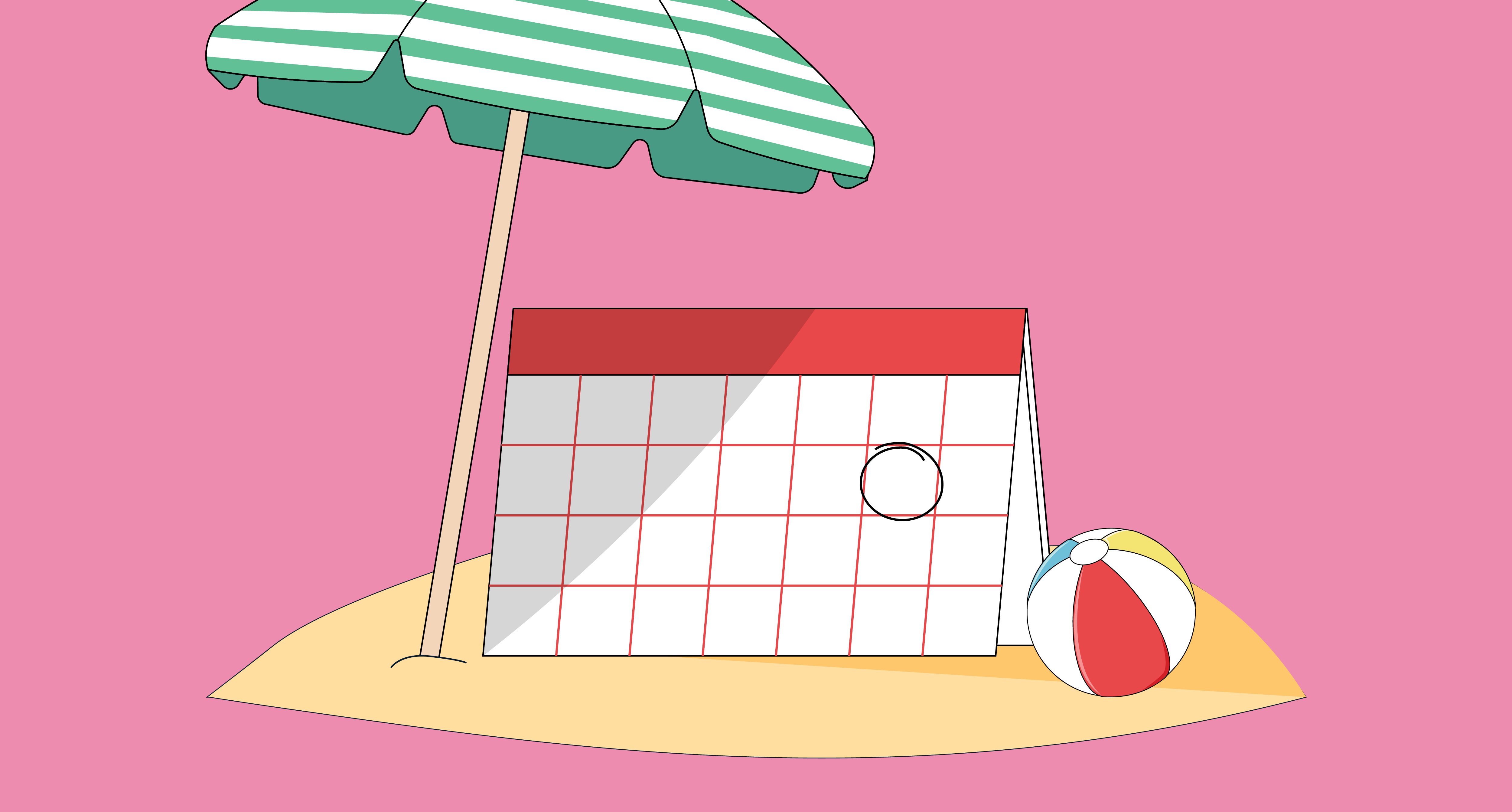 Calendar with Date circles on an island with a green striped beach umbrella and beach ball