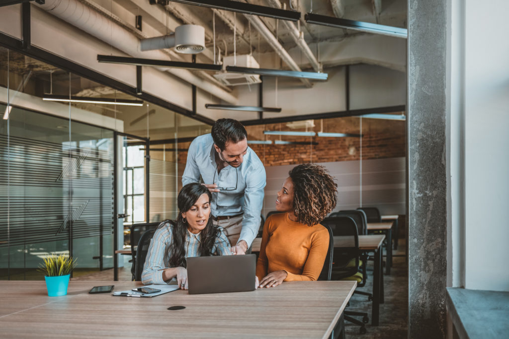 Business professionals. Group of young confident business people analyzing job architecture using computer while spending time in the office