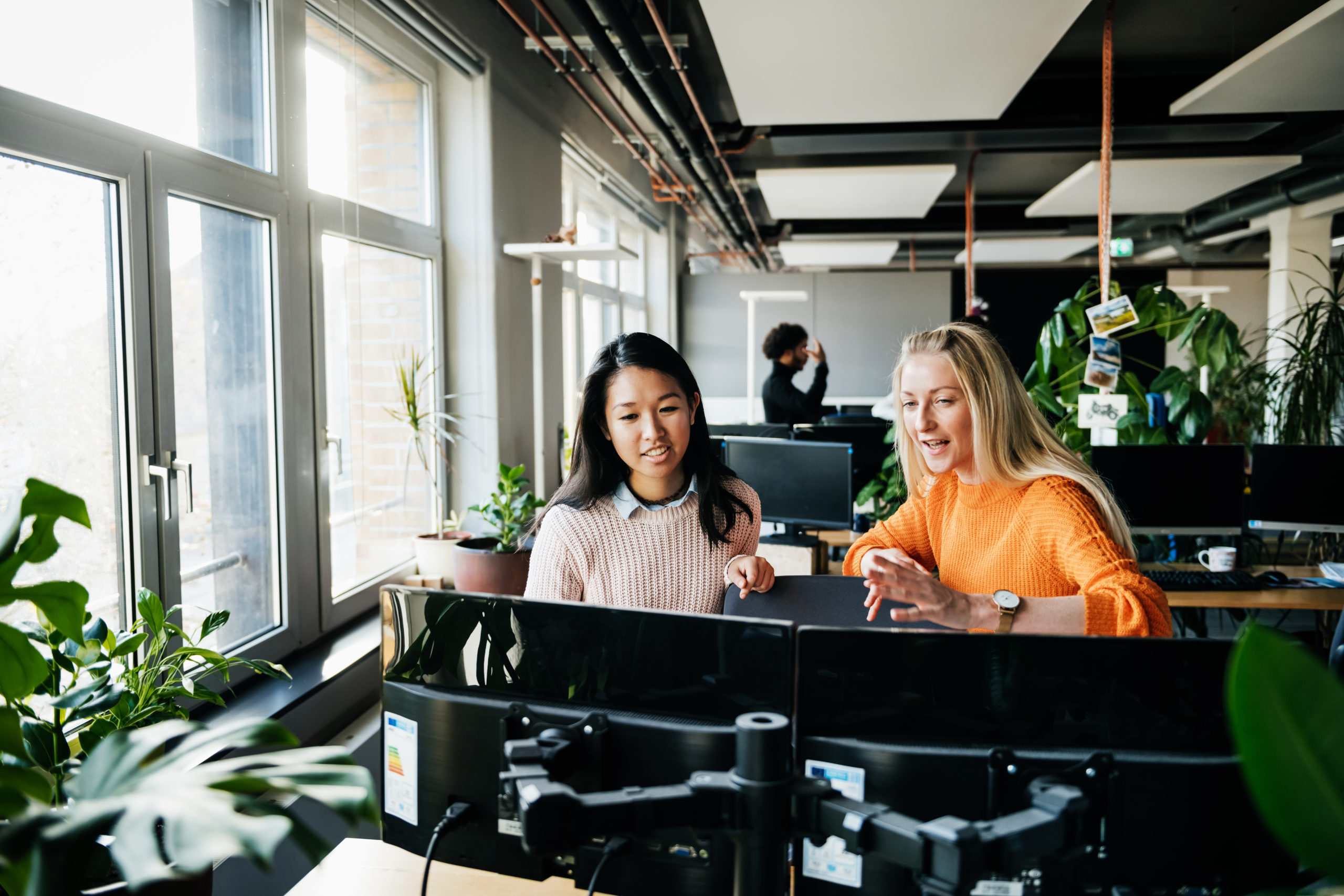 Two business associates standing at a desk and working at a computer together, trying to find a solution to a problem.