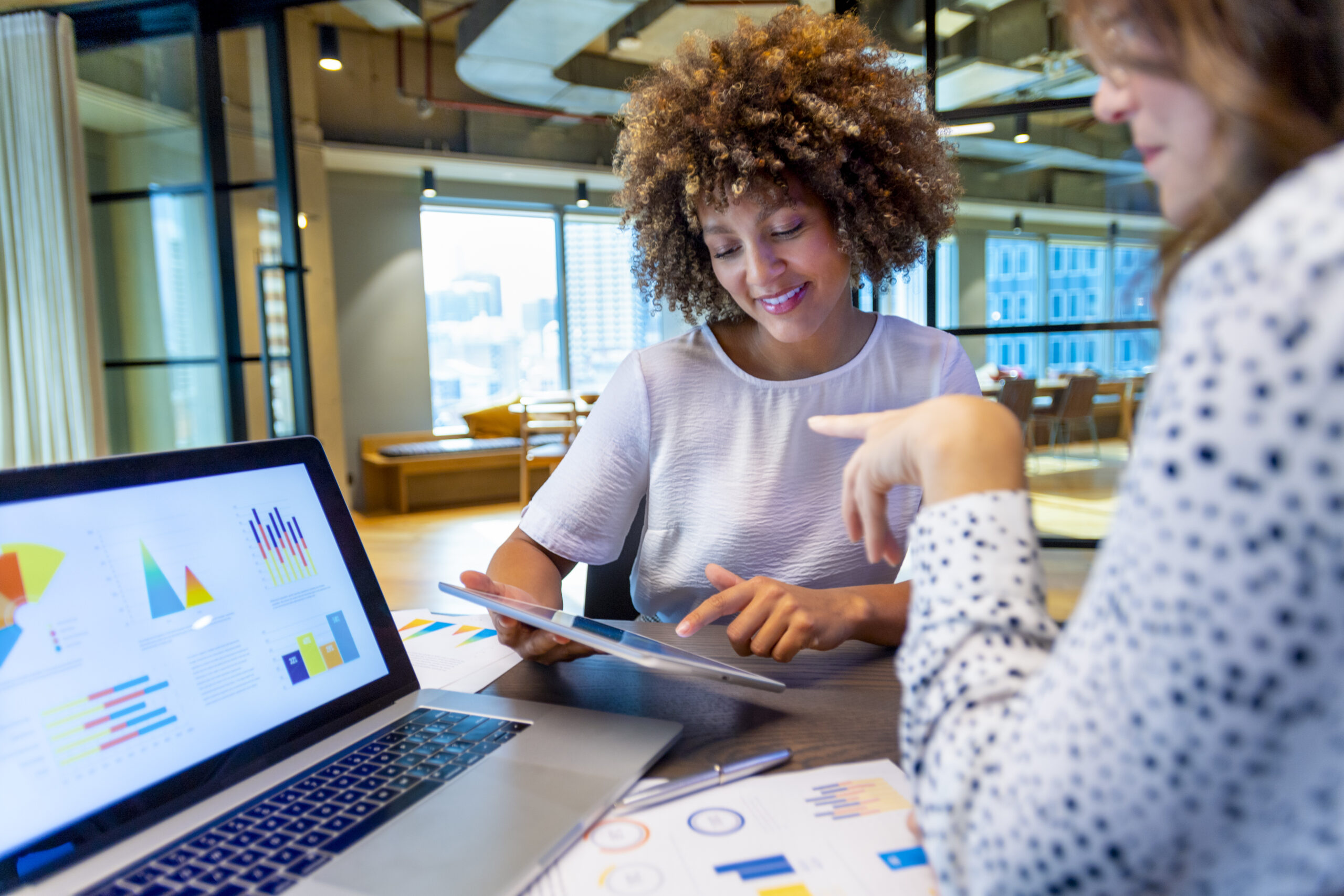 Business colleagues having a conversation. They are discussing finance charts and graphs on a laptop computer. They are both young business people in an office. Could be an interview or consultant working with a client.