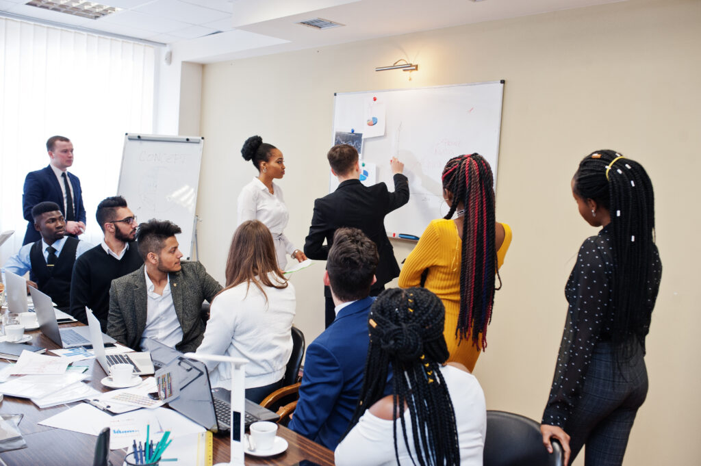 A team training with a consultant for their development as part of an HR checklist